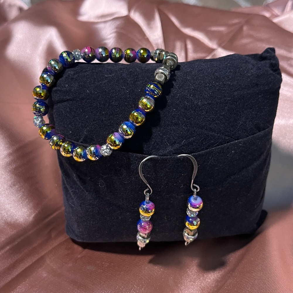 Gold, Pink, and Blue Dichroic Bracelet and Earrings